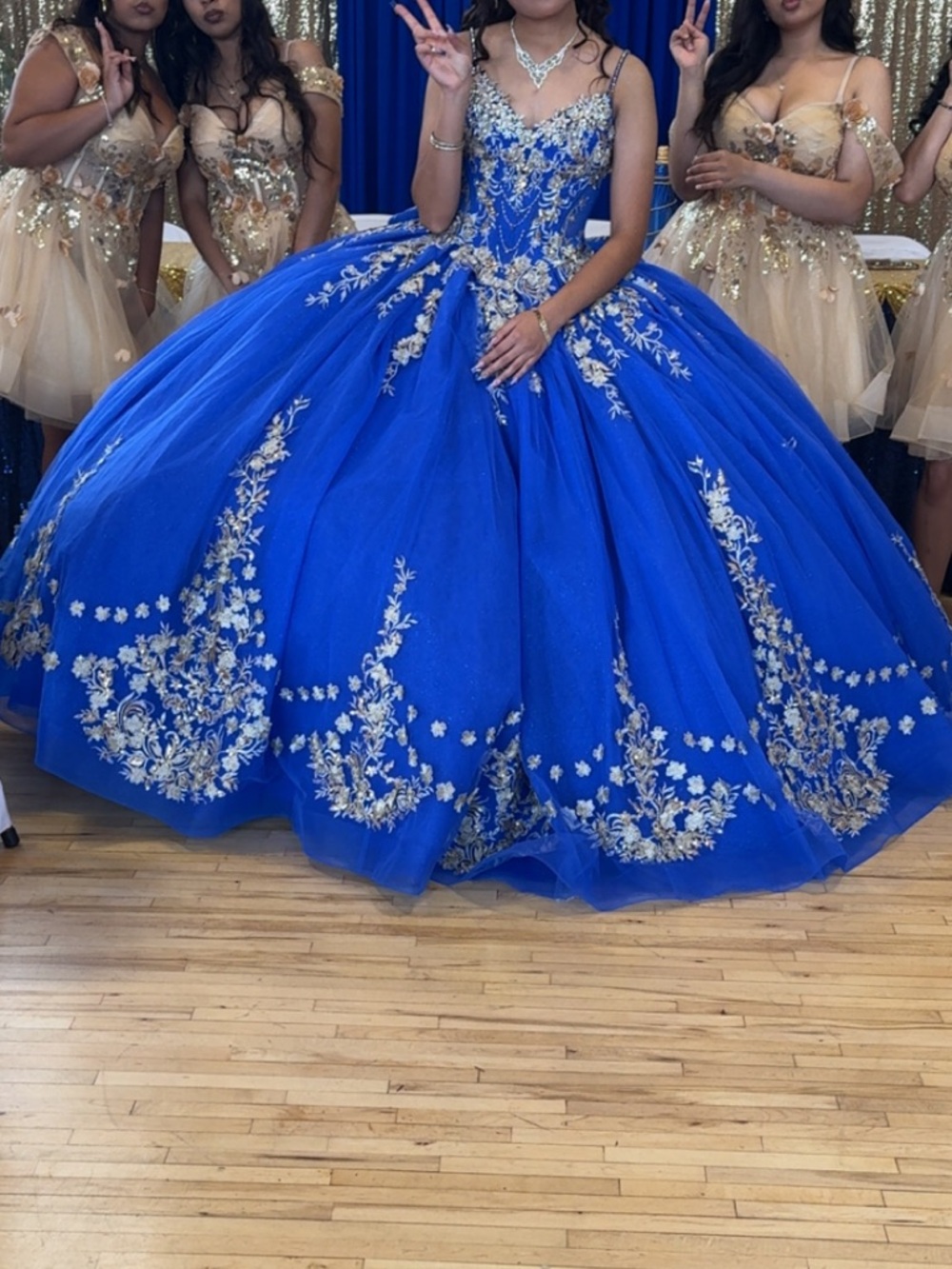 Girls Royal Blue Embroidered Ball Gown Dress Quinceañera/ Prom dress